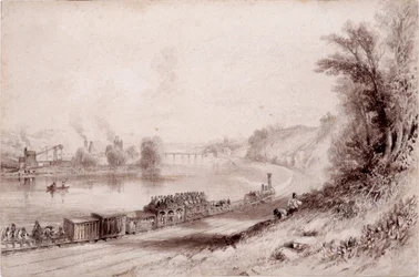 The River Wall at Wylam Scars (wc og blæk på papir)